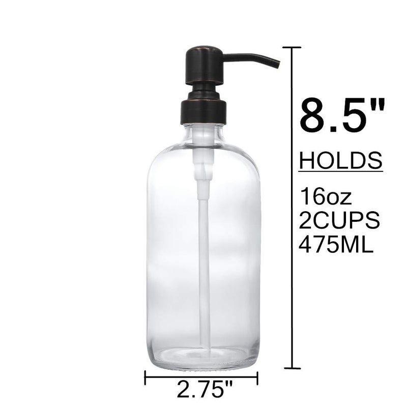 CHBJDAN 2 Pack Thick Clear Glass Boston Round Bottles /Oil Rubbed Bronze Stainless Steel Pumps, 16 Ounce Jar Soap Dispenser with Rustproof Pump for Essential Oil, Liquid Soap - Image 4
